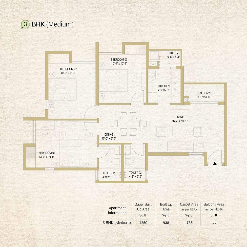 3 BHK (Medium) | ₹ 70 Lakhs |  1260 Sq.ft