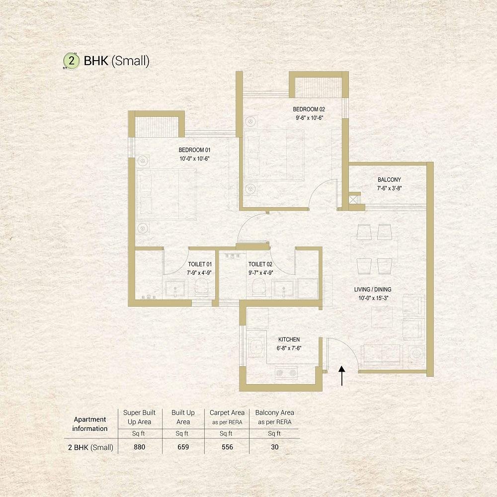 2 BHK (Small) | ₹ 48 Lakhs  |  880 Sq.ft