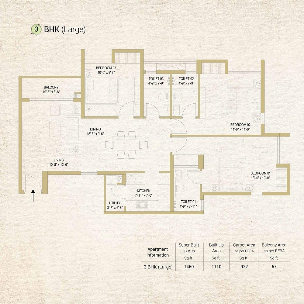 3 BHK (Large) | ₹ 83 Lakhs |  1460 Sq.ft