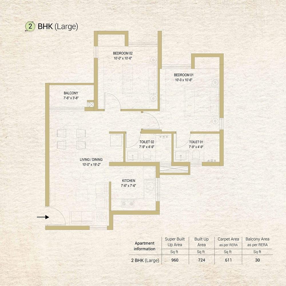 2 BHK (Large) | ₹ 53 Lakhs |  960 Sq.ft