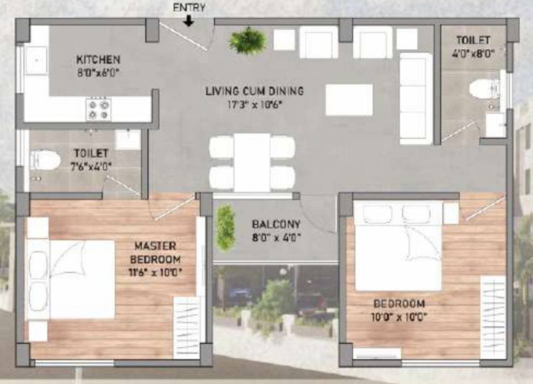 2 BHK + 2T | 845 Sq ft | 27.89 L